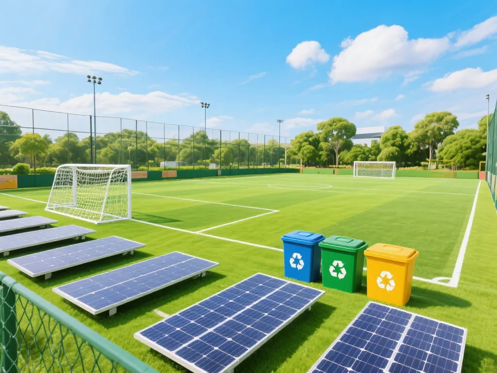 绿色环保的足球场配备太阳能板与回收箱